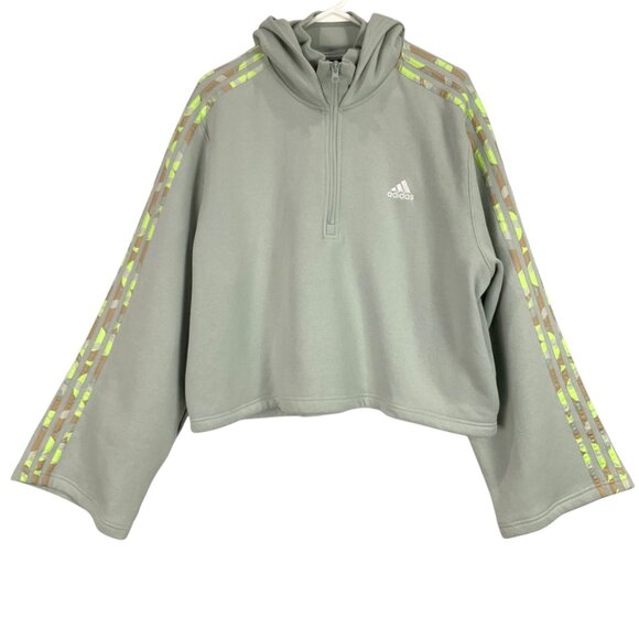 Adidas Cropped Hoodie Green Quarter Zip Logo Pullover Size XL Long Flare Sleeves - Picture 2 of 8